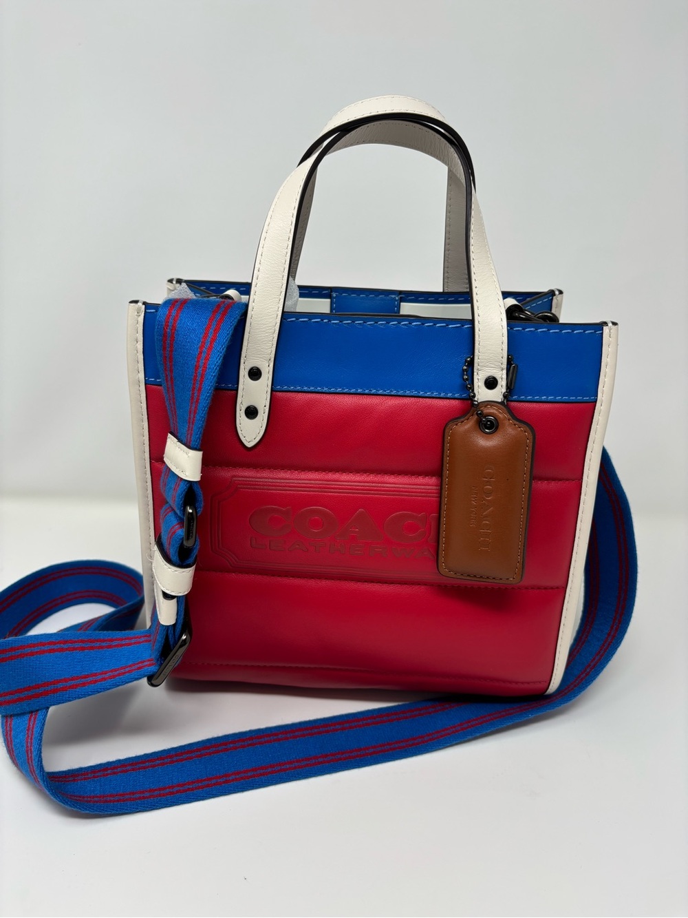 Coach Red, Blue & White Leather Satchel with Striped Strap